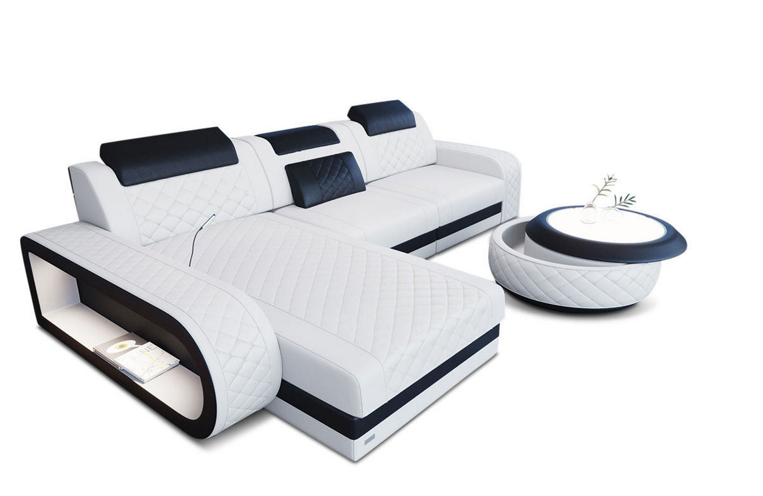 Mini Ecksofa Berlin L-Form Mini Ledersofa Weiß-Schwarz