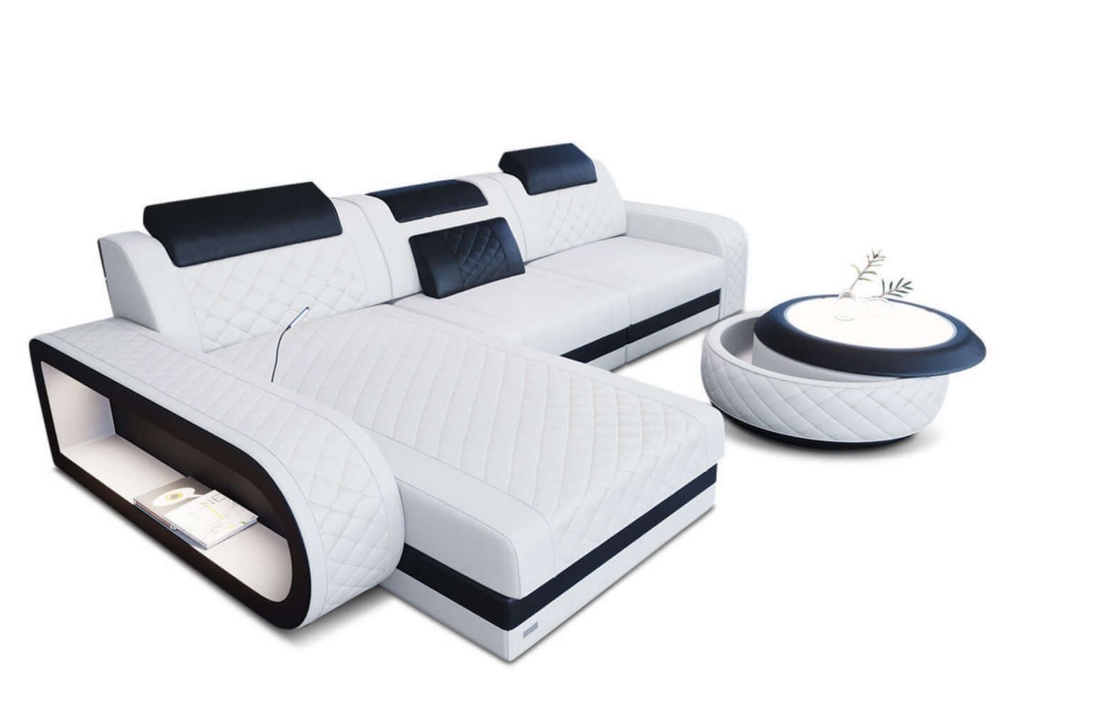 Mini Ecksofa Berlin L-Form in Leder Weiß-Schwarz