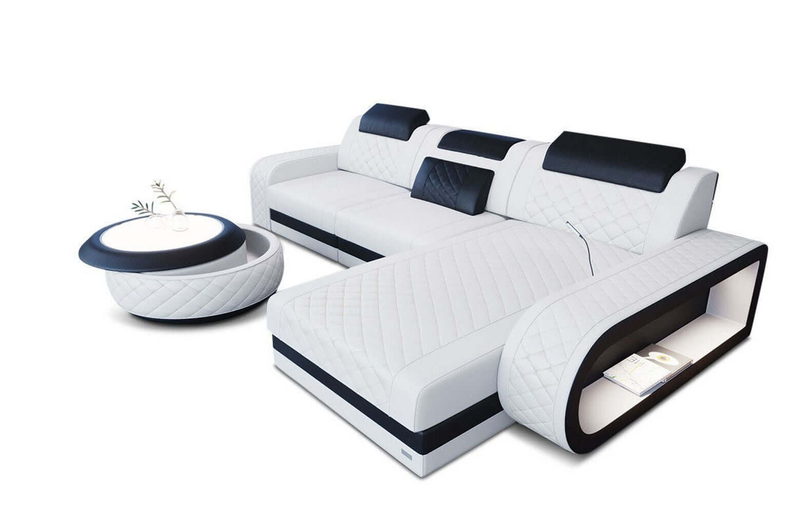 Mini Ecksofa Berlin L-Form in Leder Weiß-Schwarz