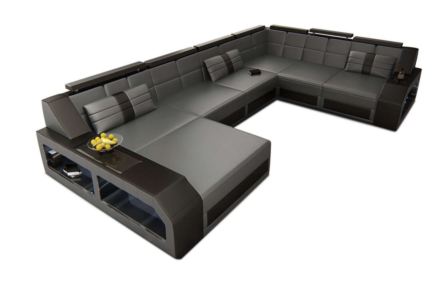 Mini XXL Wohnlandschaft Matera U-Form in Leder Grau-Schwarz