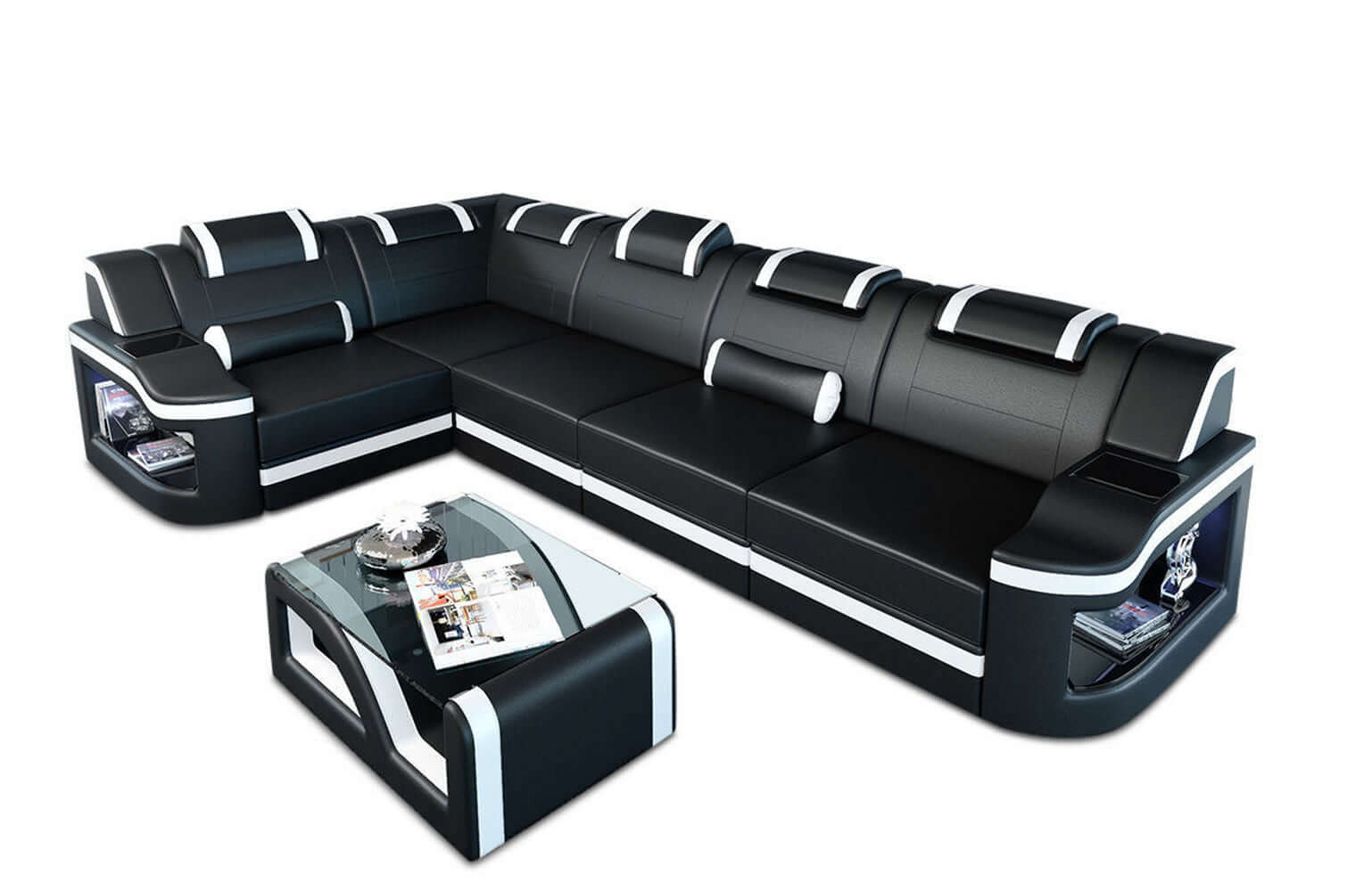 Mini Ecksofa Padua L-Form aus Leder Schwarz-Weiß