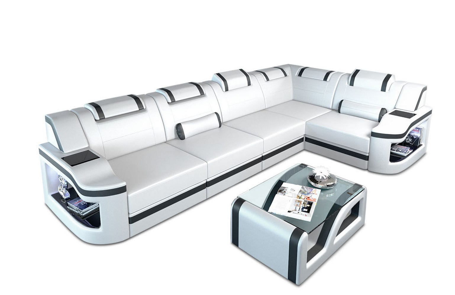 Leder Ecksofa Padua L Form mit LED Beleuchtung weiß-schwarz