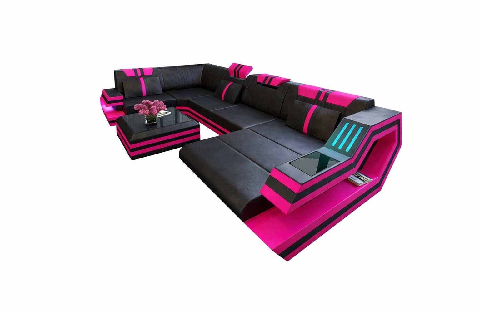 Ledersofa Wohnlandschaft Ravenna U-Form LED schwarz-pink