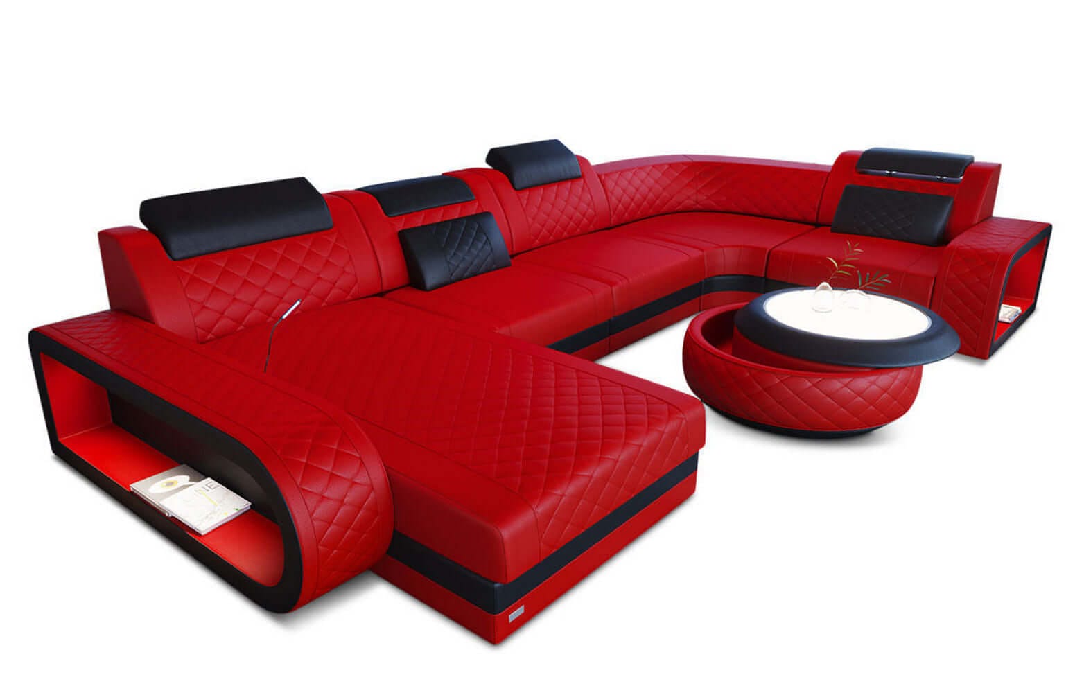 Mini Leder Wohnlandschaft Berlin U-Form Rot-Schwarz