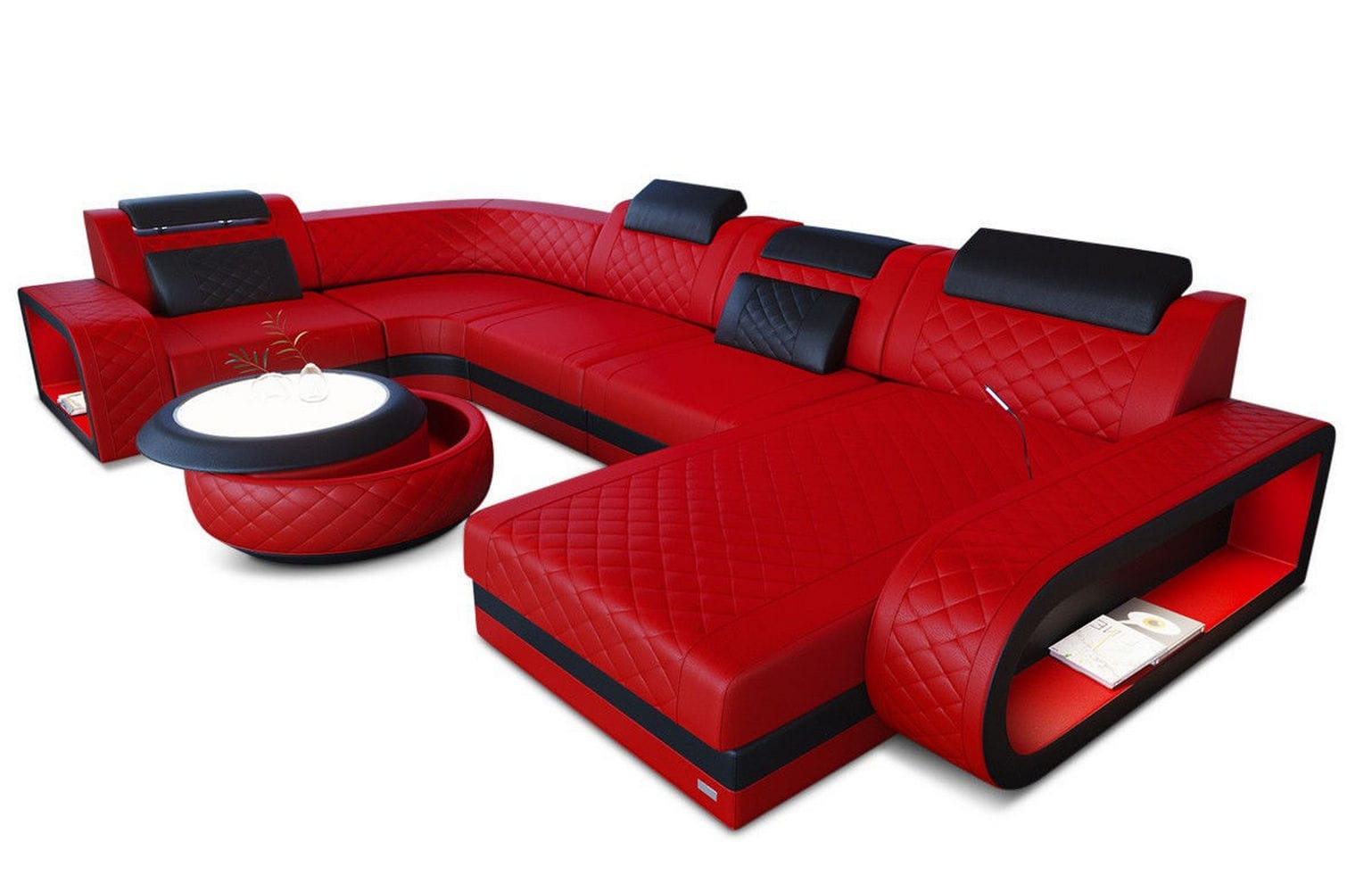 Leder Wohnlandschaft Berlin U-Form – Stil & Komfort rot-schwarz