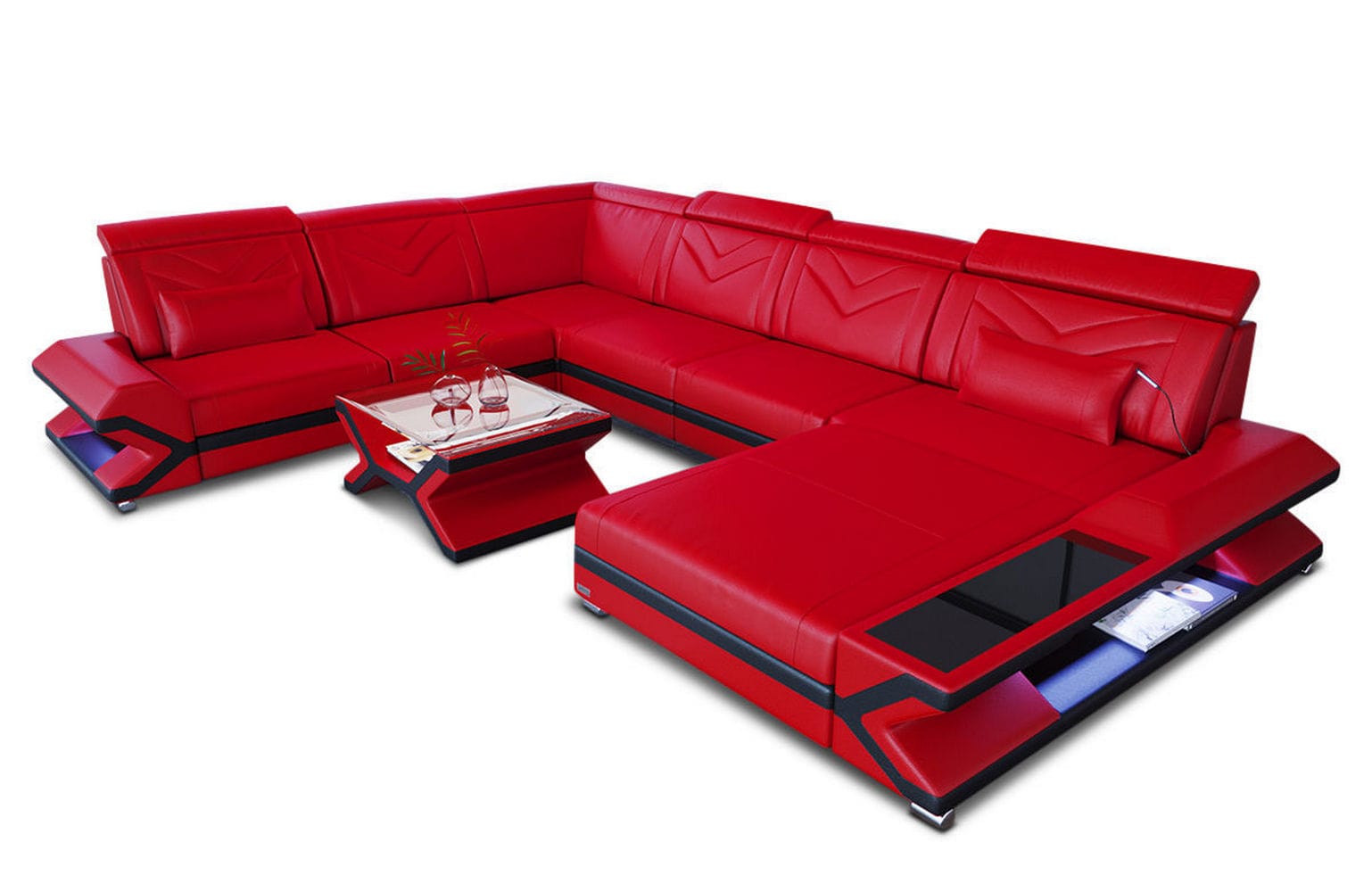 XXL Wohnlandschaft Napoli – Leder Luxus rot-schwarz