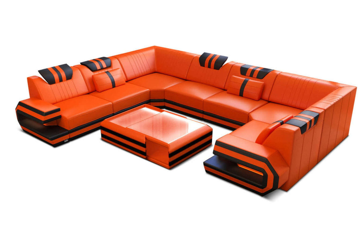 Designsofa Ragusa U-Form aus Leder orange-schwarz