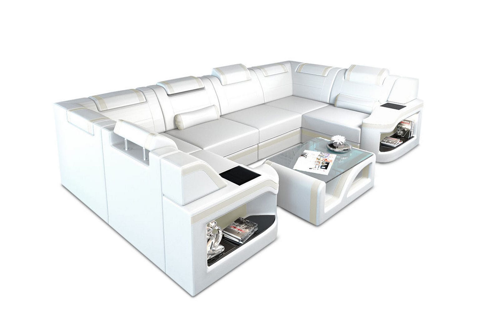 Leder Wohnlandschaft Padua U – Elegantes Sofa weiß-beige