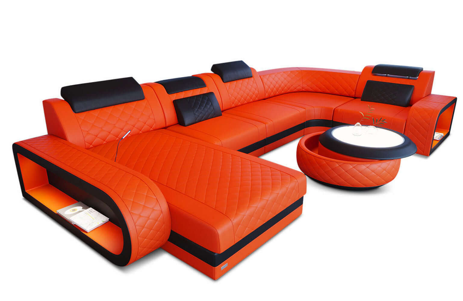 Mini Leder Wohnlandschaft Berlin U-Form Orange-Schwarz