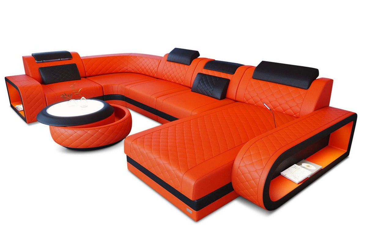 Wohnlandschaft Berlin U-Form aus Leder orange-schwarz