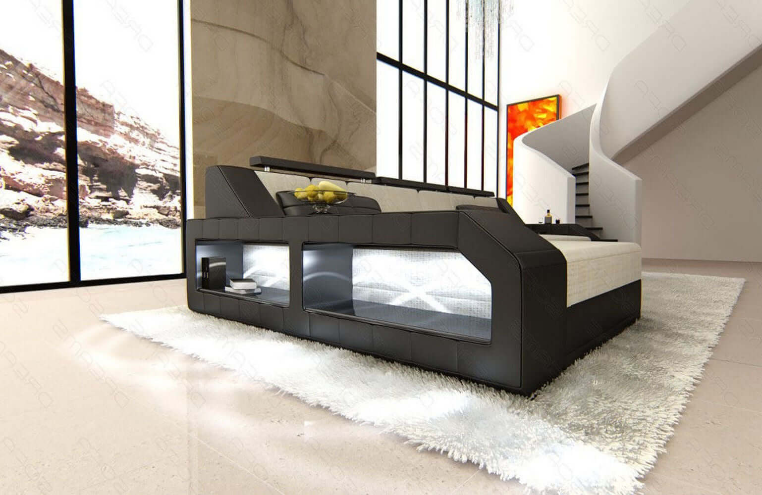 Polster-Couch Arezzo L-Form mit LED-Beleuchtung Rot-Weiß