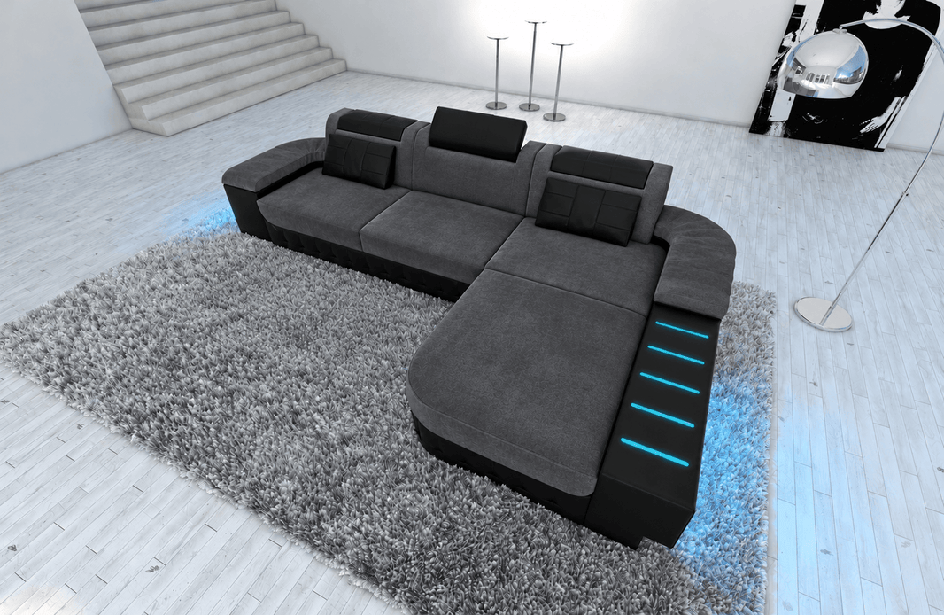Polster Ecksofa Bellagio L-Form - Altara Wildleder-Optik in Metalgrey-Schwarz mit USB-Anschluss
