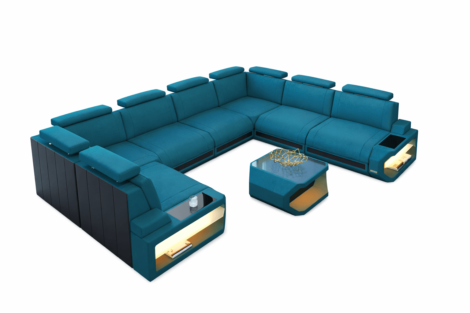 Couchlandschaft Siena U-Form in Stoff Azurblau-Schwarz