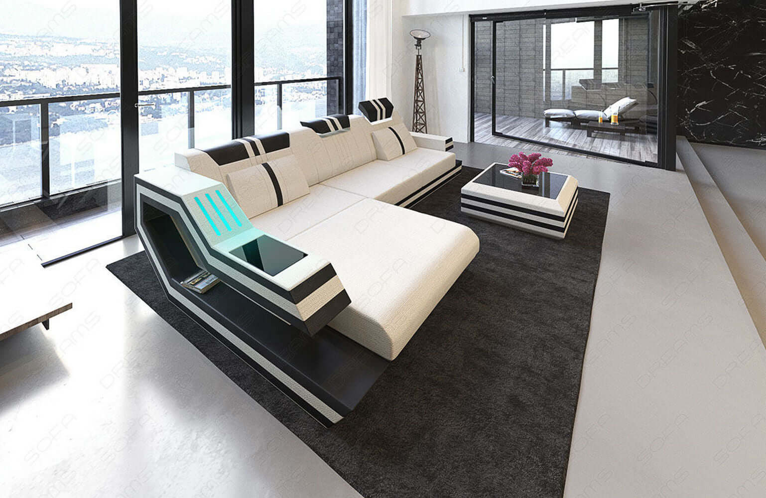 Stoff Ecksofa Ravenna L Form braun-weiß