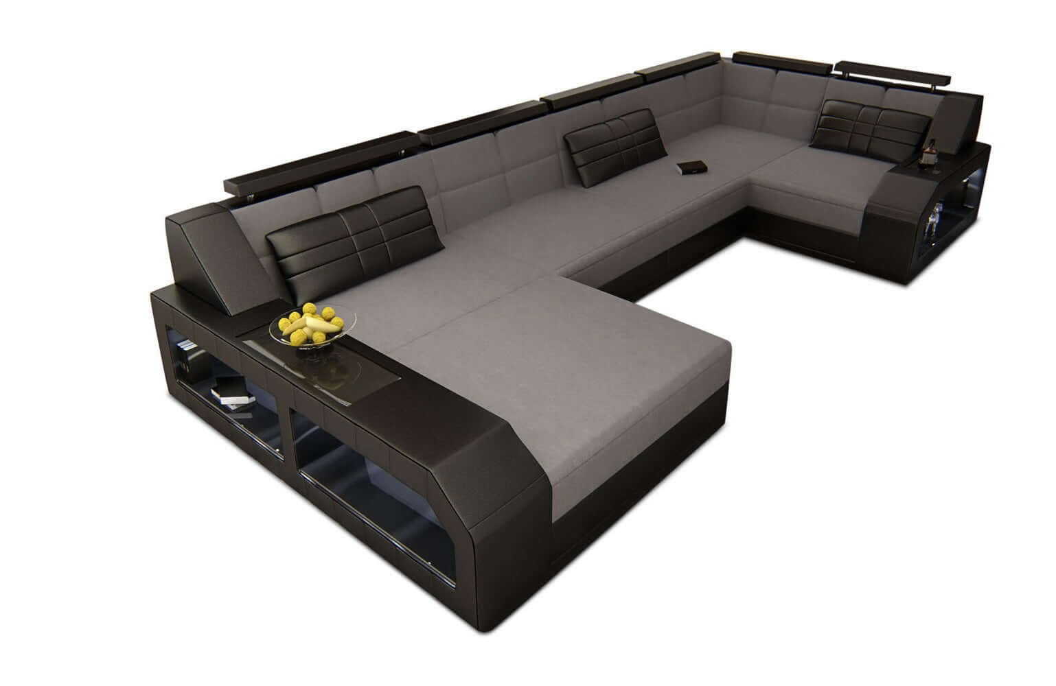 Polster-Wohnlandschaft Arezzo U-Form mit LED Hellgrau-Schwarz