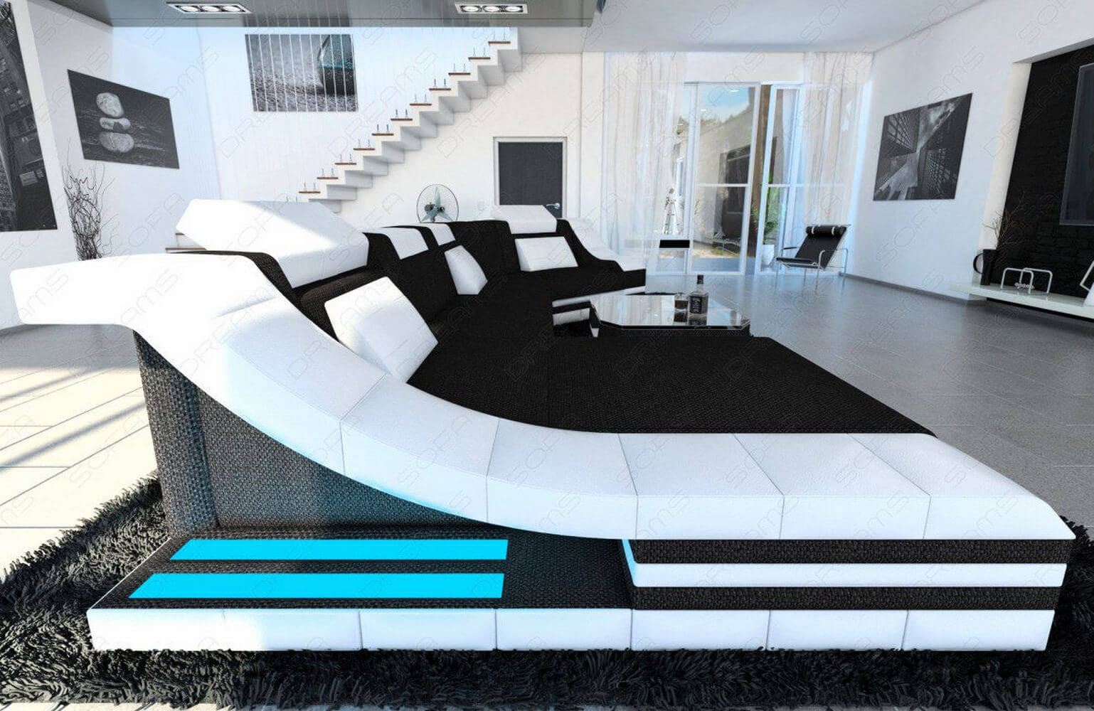 Polster Wohnlandschaft Turino C-Form mit LED Mokka-Weiß