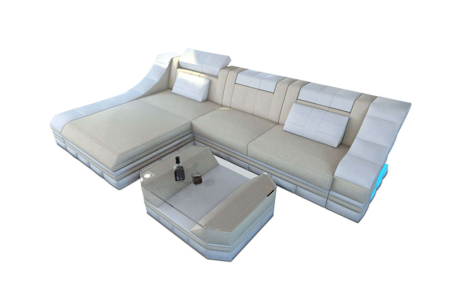 Stoffcouch Turino L-Form mit LED-Beleuchtung Elfenbein-Weiß