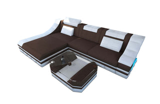 Stoffcouch Turino L-Form mit LED-Beleuchtung in Strukturstoff und der Farbe Braun und Weiß - Ausrichtung links