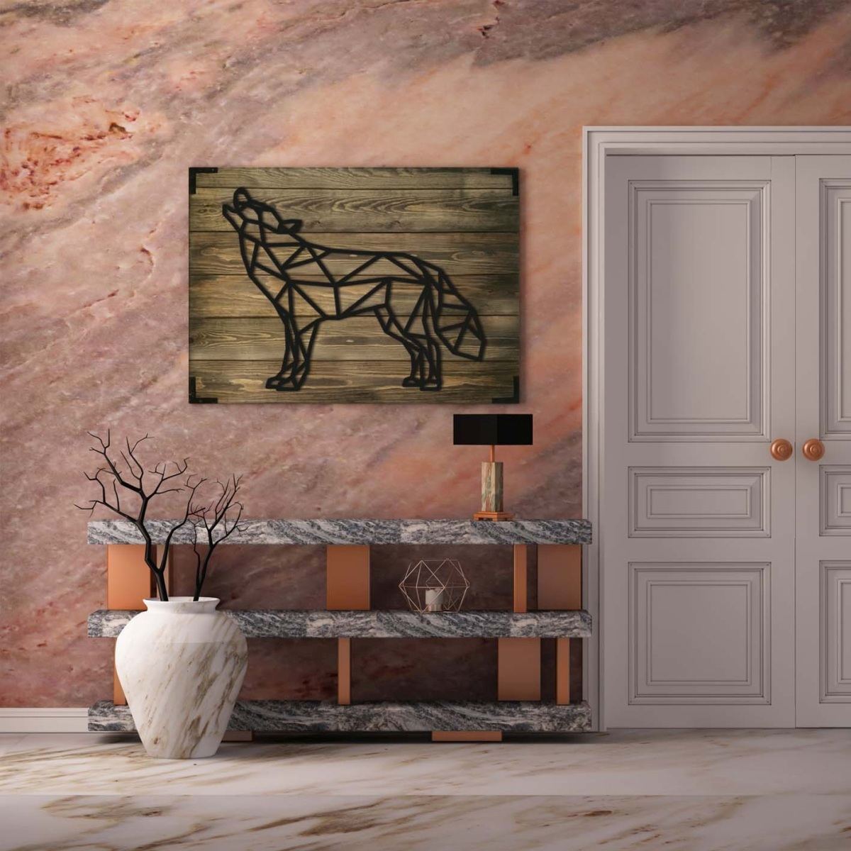 Wandbild Holz Wolf – Wilde Natur im Design für Wohnzimmer - Bild 1