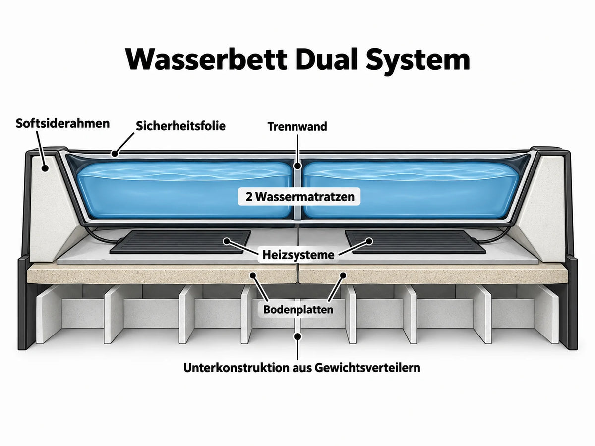 Wasserbett Venedig mit LED und runden Kopfpolstern Grau-Weiß