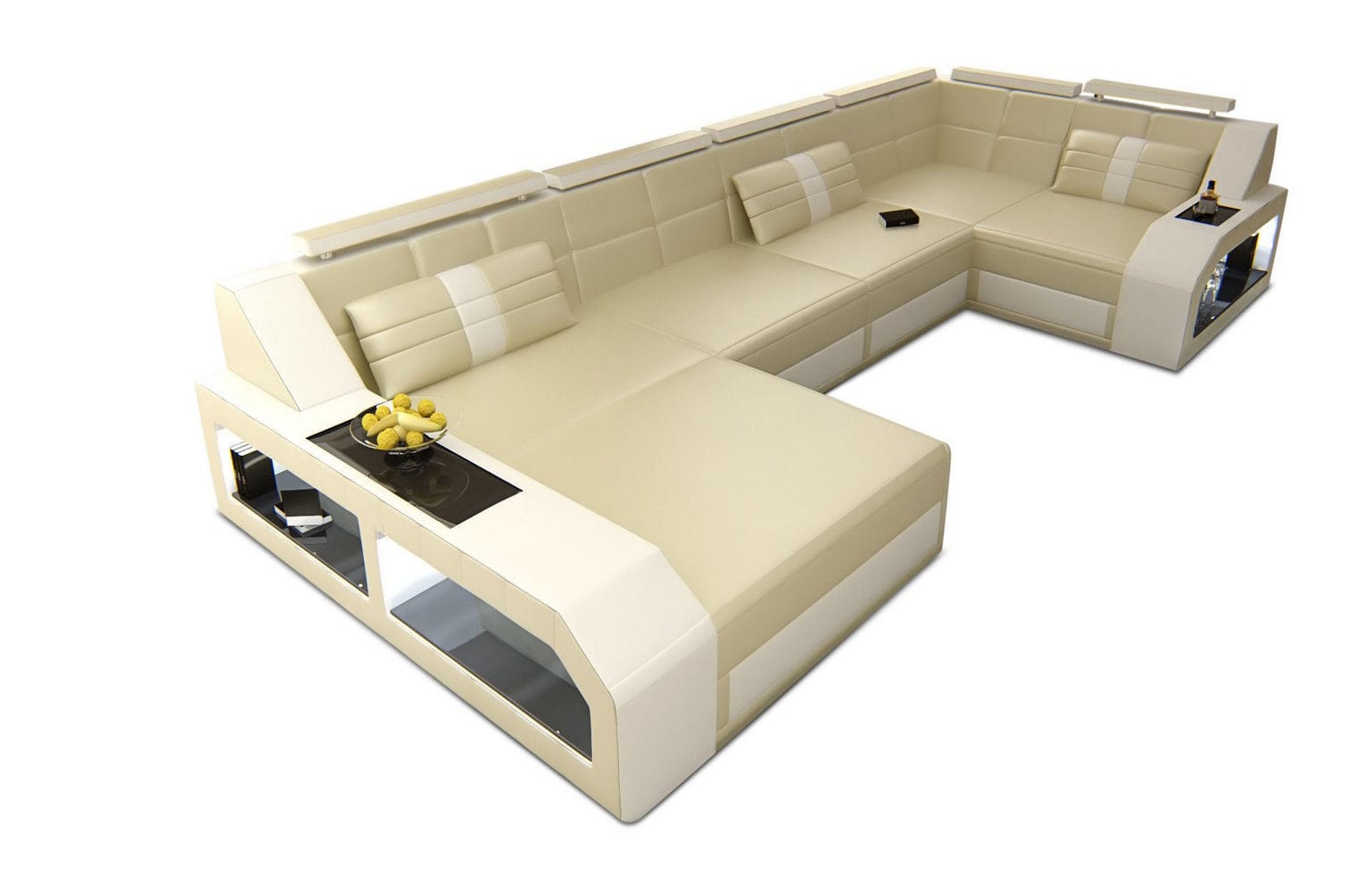 Leder Wohnlandschaft Arezzo mit LED beige-weiß