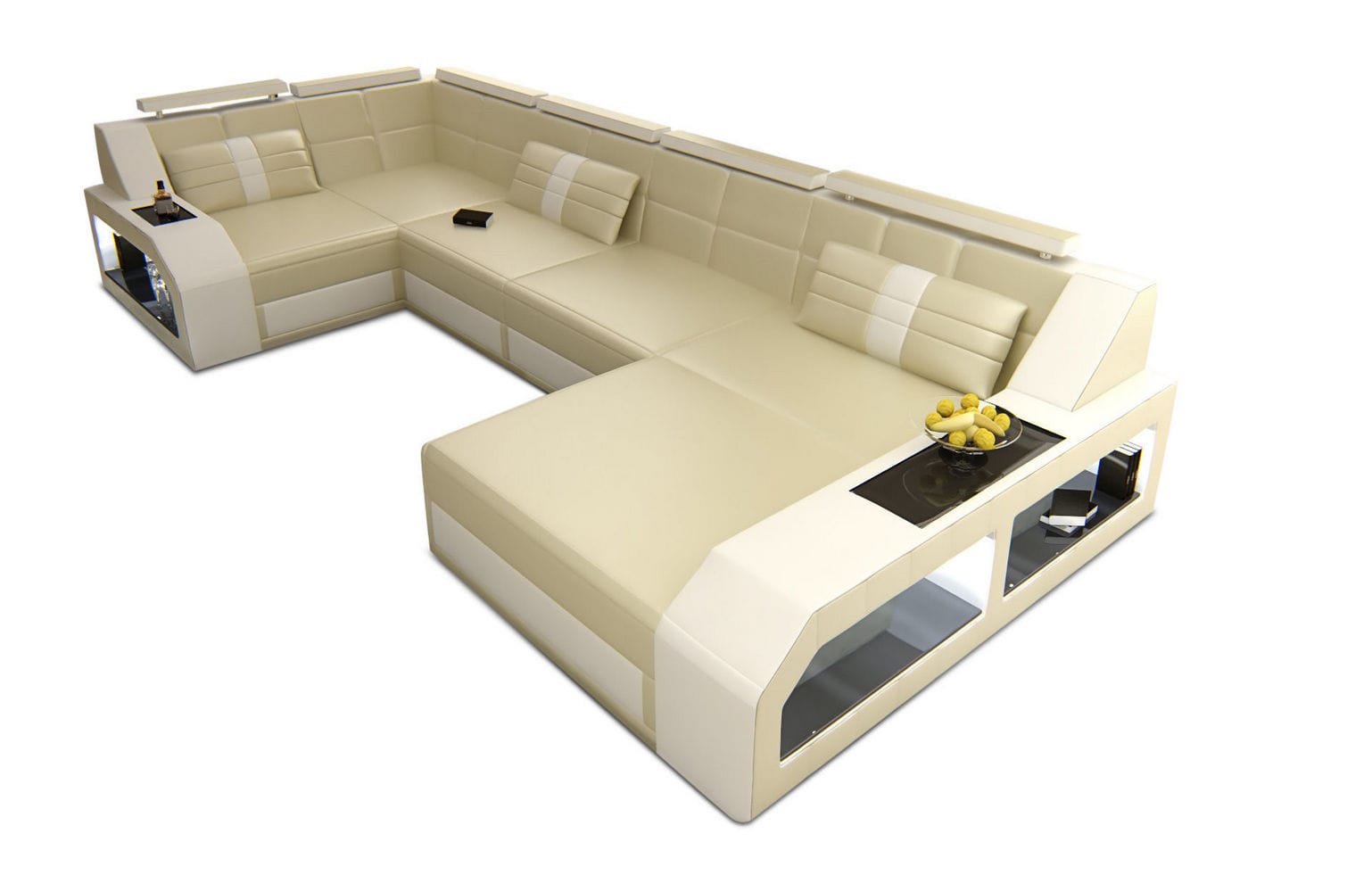 Leder Wohnlandschaft Arezzo mit LED beige-weiß