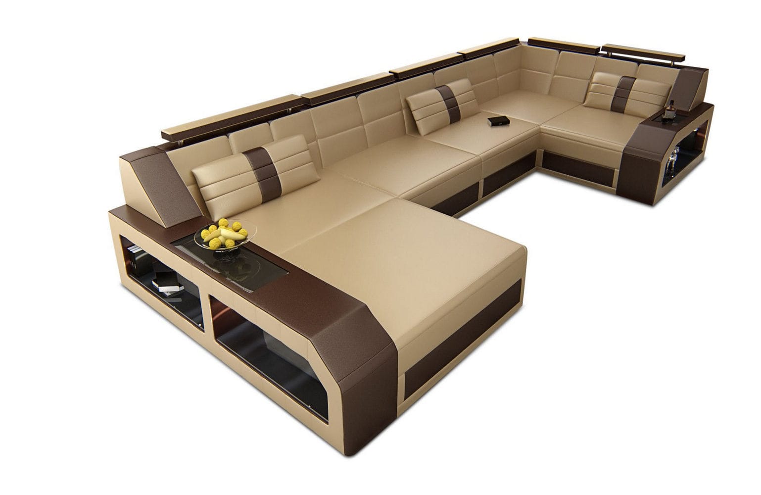 Leder Wohnlandschaft Arezzo mit LED sandbeige-dunkelbraun