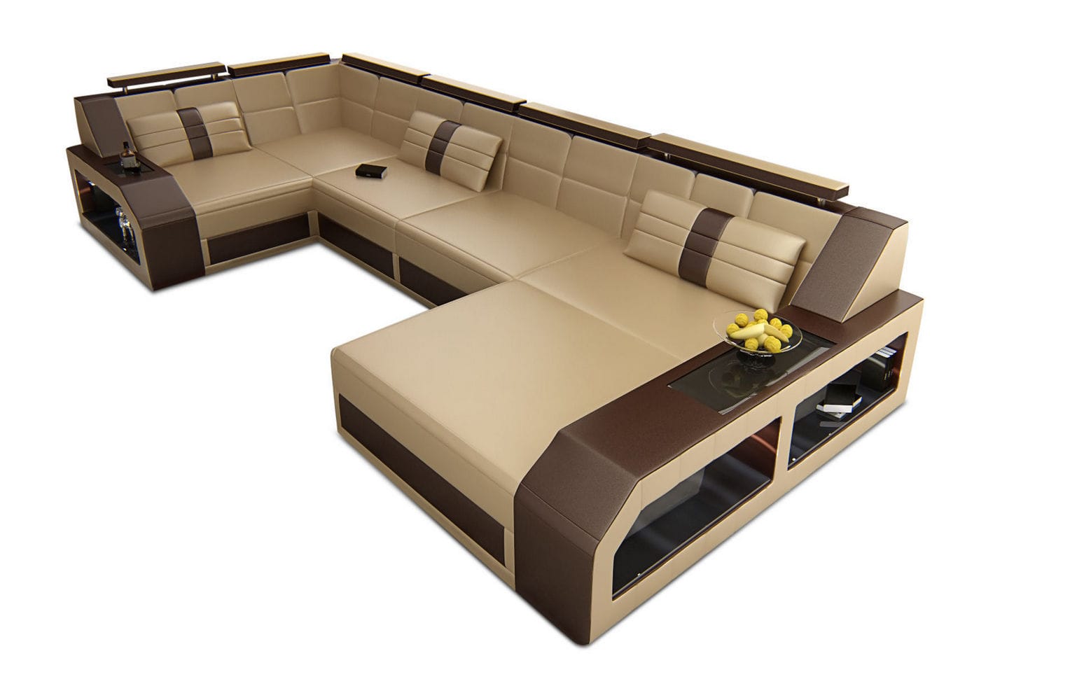 Leder Wohnlandschaft Arezzo mit LED sandbeige-dunkelbraun