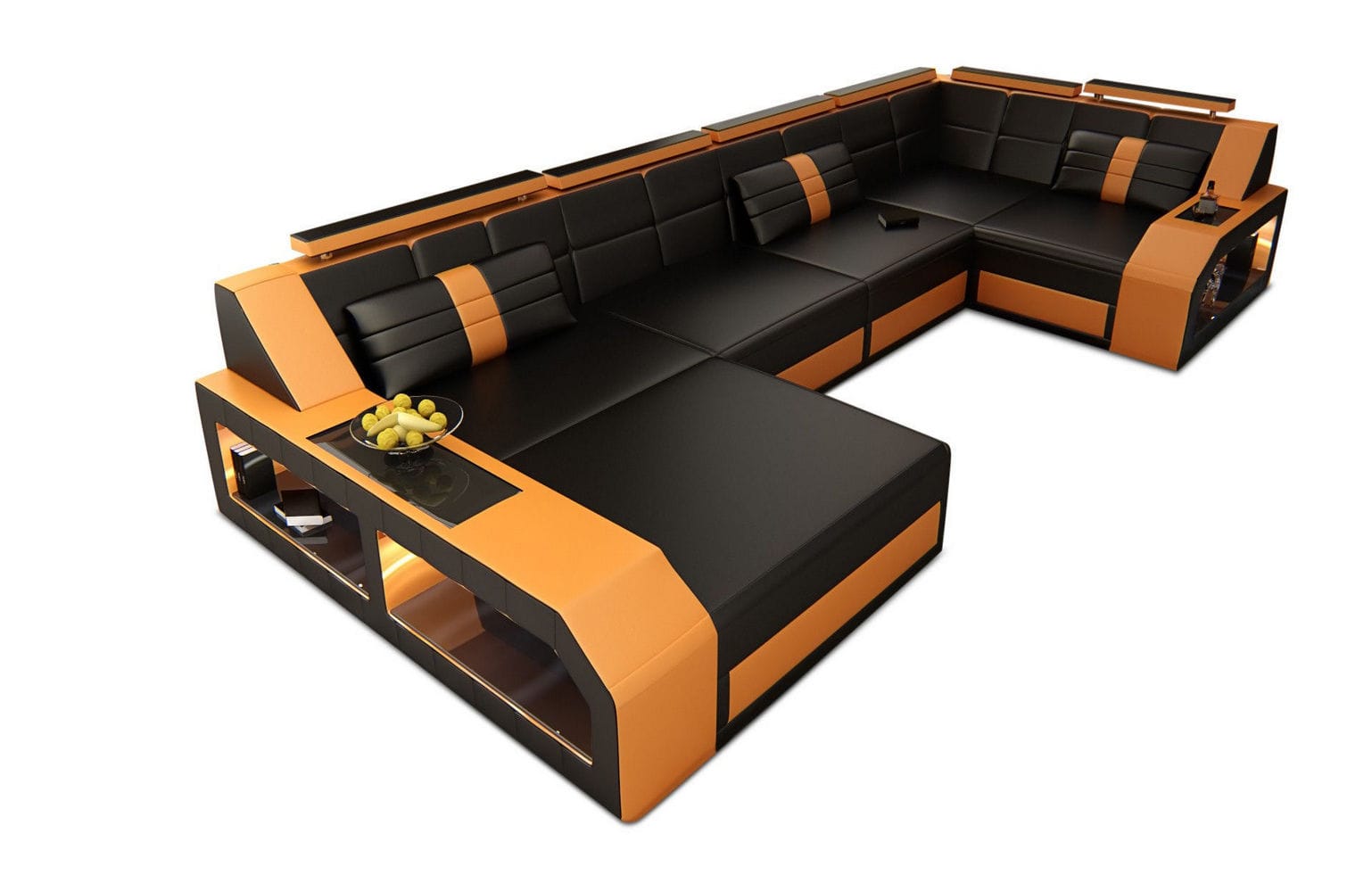 Leder Wohnlandschaft Arezzo mit LED schwarz-orange
