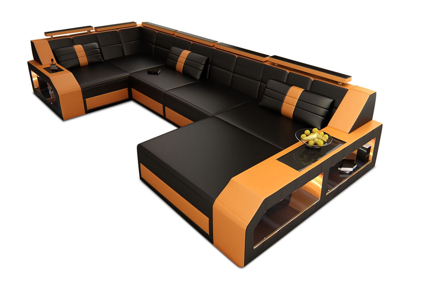 Leder Wohnlandschaft Arezzo mit LED schwarz-orange