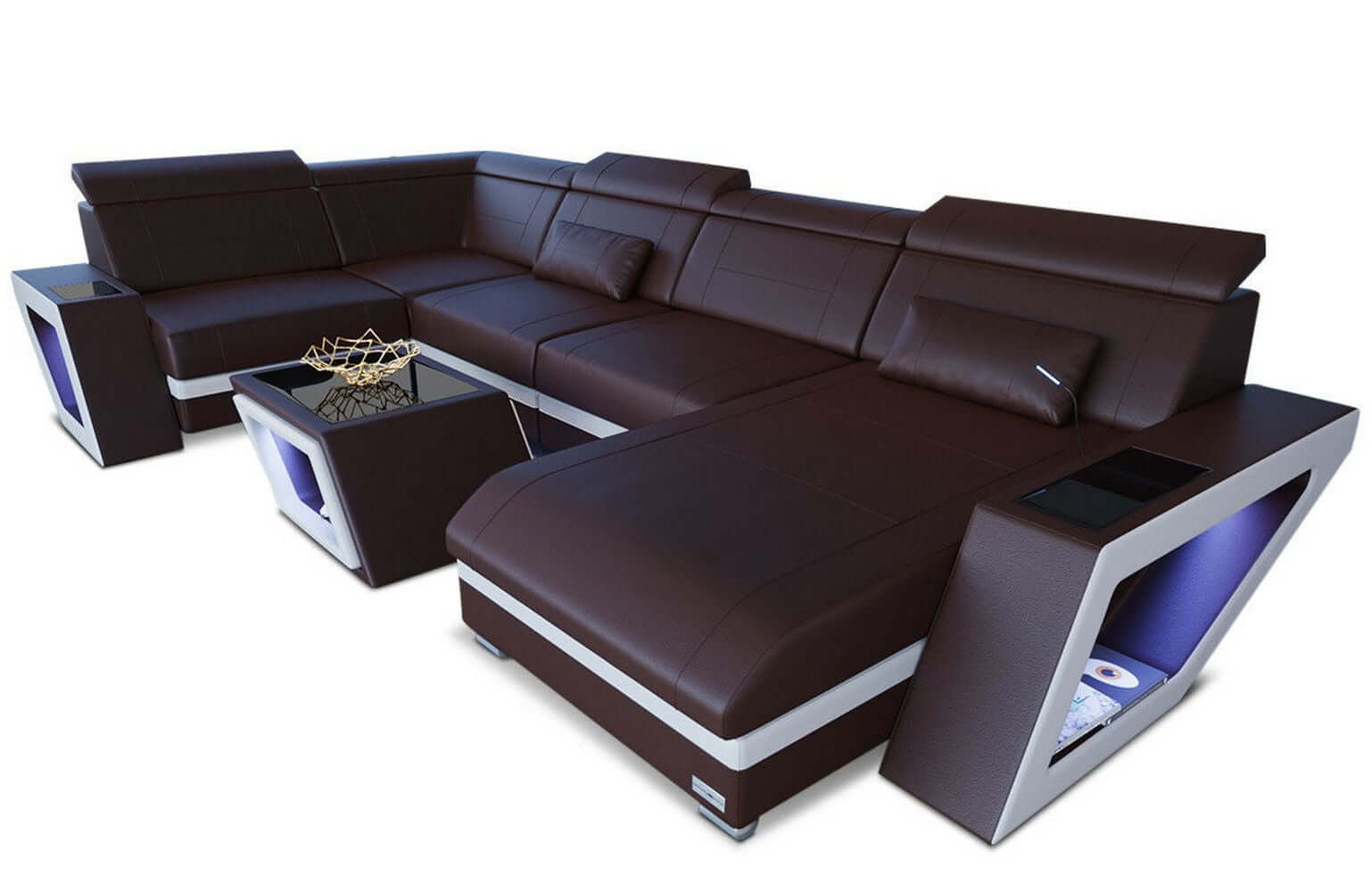 Mini Sofa Catania Eleganz U-Form aus Leder Dunkelbraun-Weiß