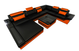 Designer Wohnlandschaft Mezzo XXL mit LED in Kunstleder und der Farbe Schwarz und Orange - Ausrichtung links