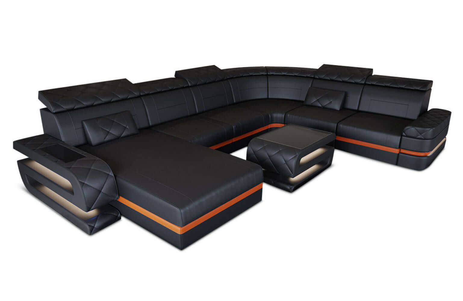Mini Wohnlandschaft Bologna XXL U-Form in Leder Schwarz-Orange