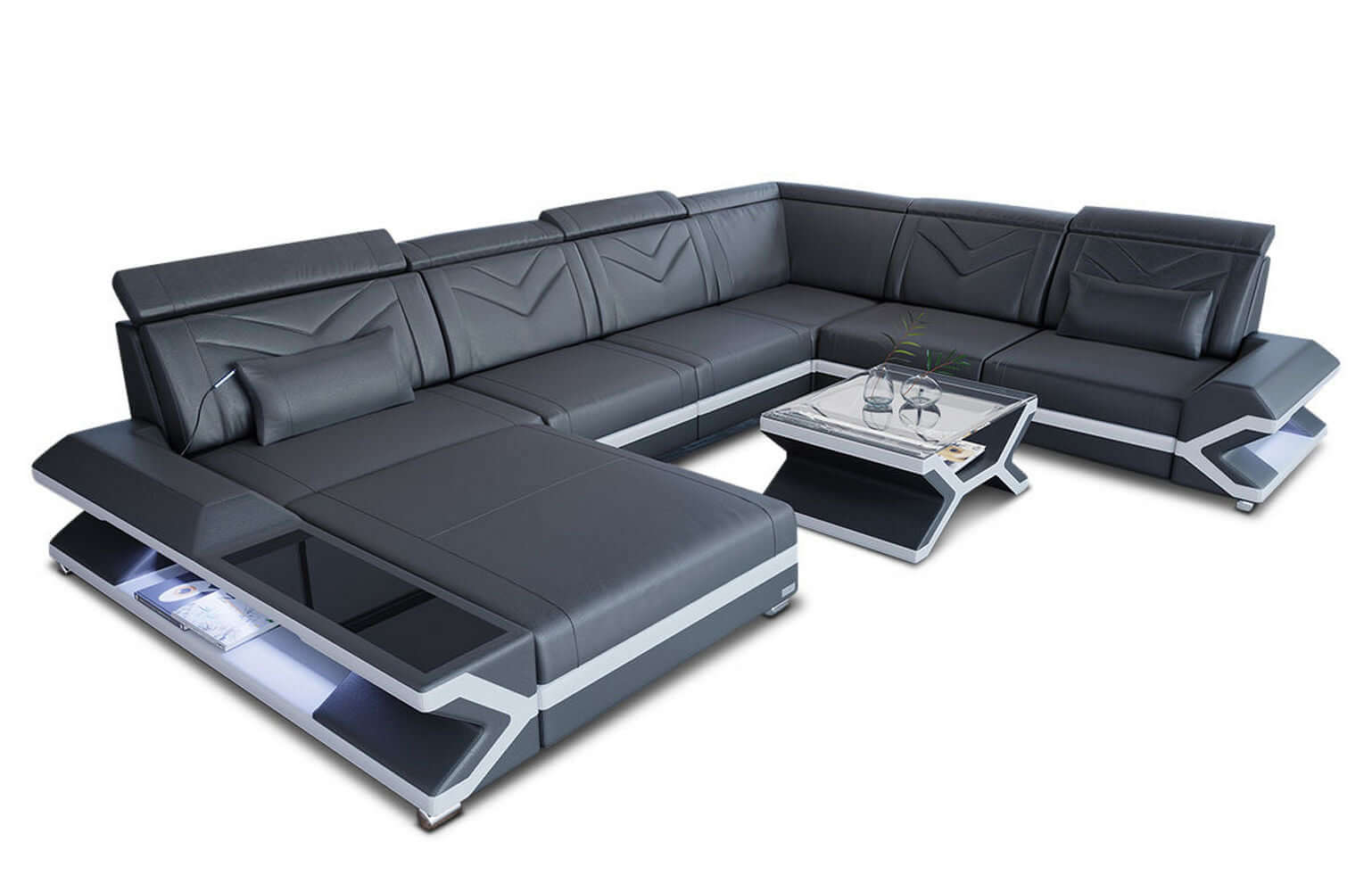 Mini Wohnlandschaft Napoli XXL U-Form in Leder Grau-Weiß