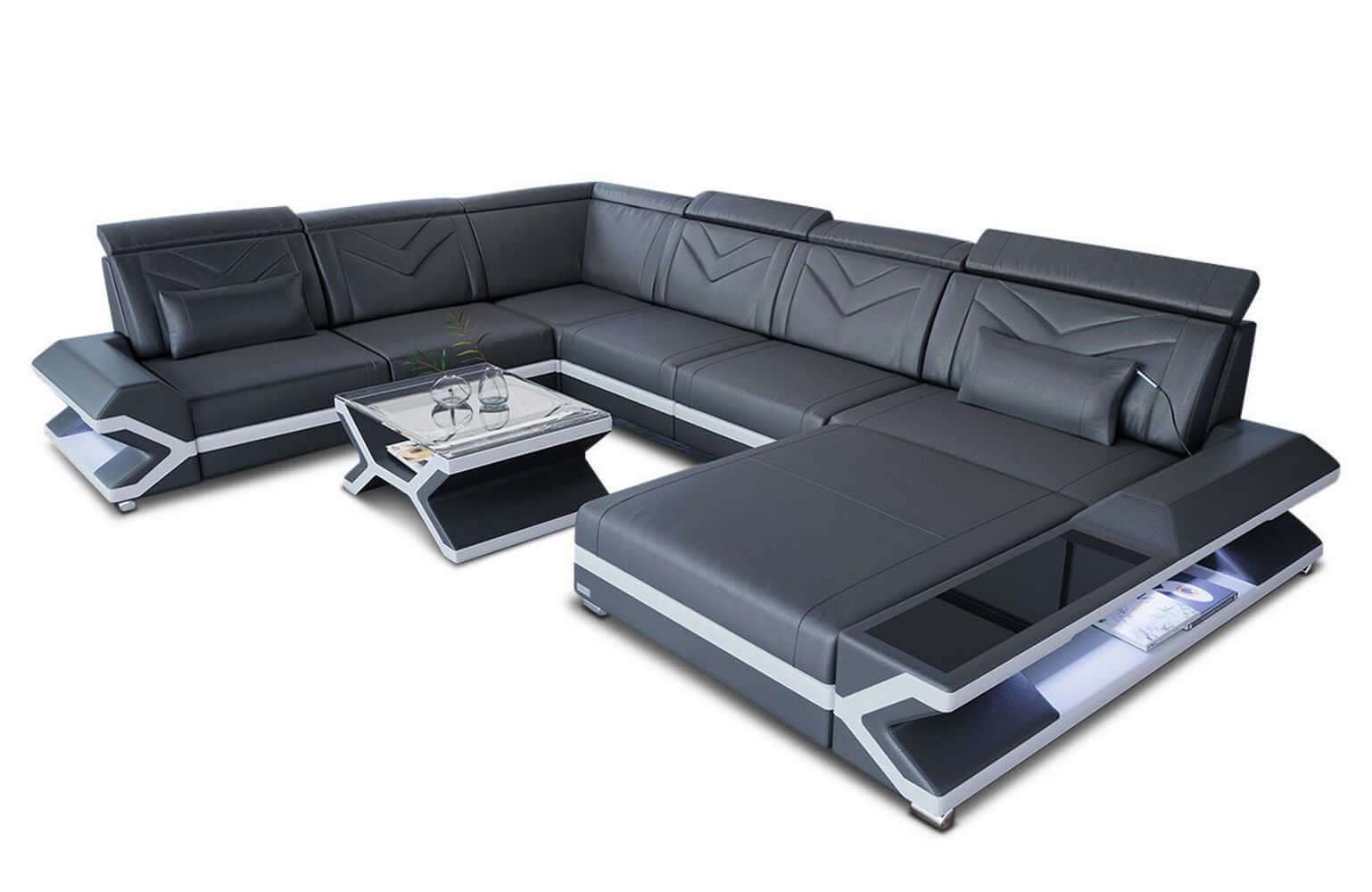 Mini Wohnlandschaft Napoli XXL U-Form in Leder grau-weiß