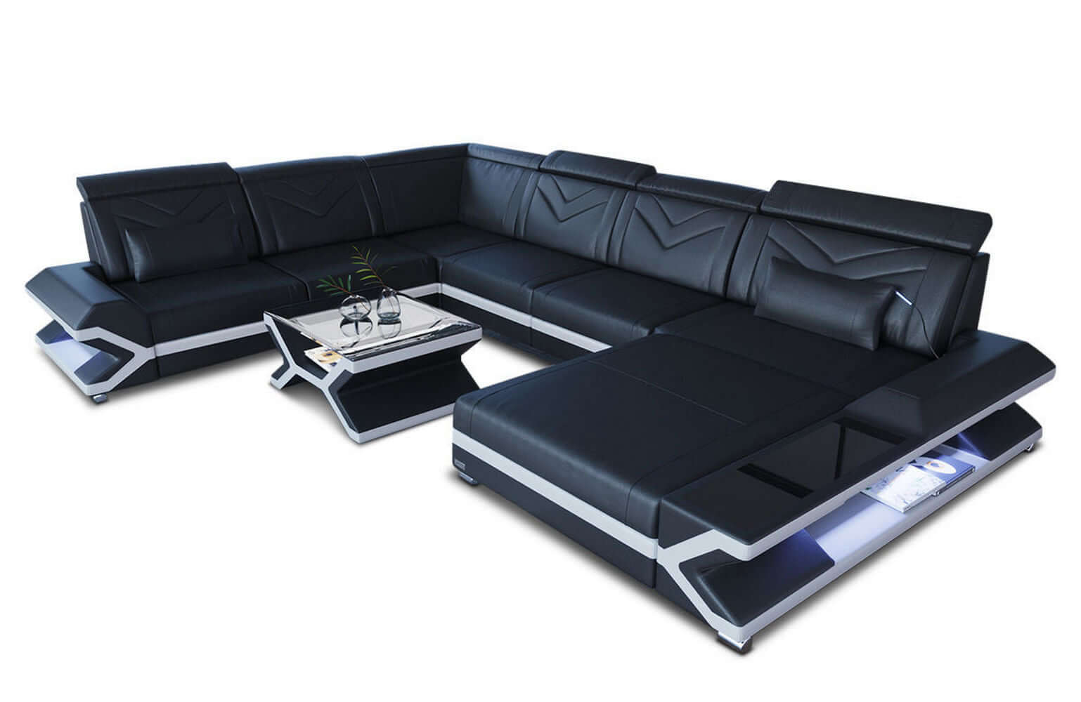 Mini Wohnlandschaft Napoli XXL U-Form in Leder Schwarz-Weiß