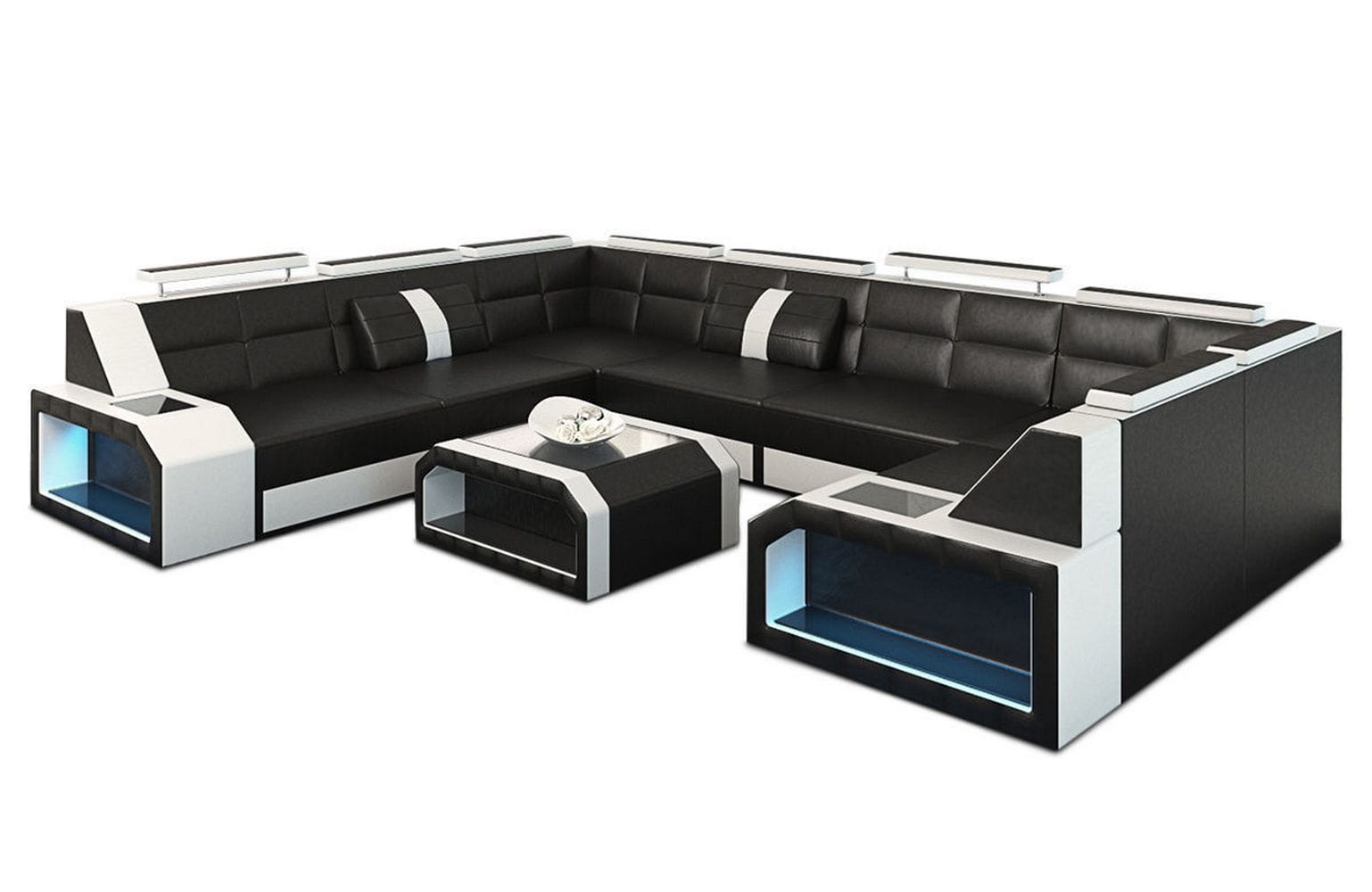 Leder Couch Eckcouch Pesaro L-Form schwarz-weiß