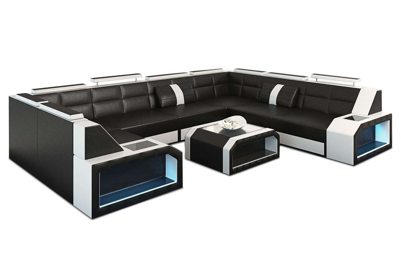Mini Wohnlandschaft Pesaro U-Form aus Leder Schwarz-Weiß