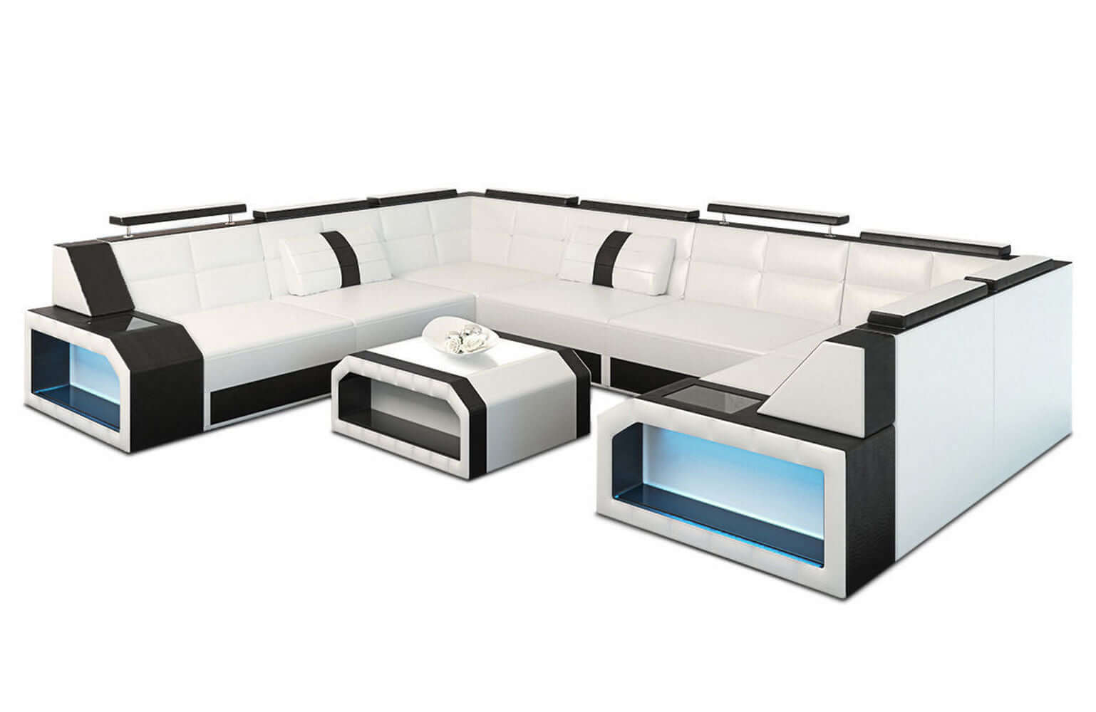 Mini Wohnlandschaft Pesaro U-Form aus Leder Weiß-Schwarz