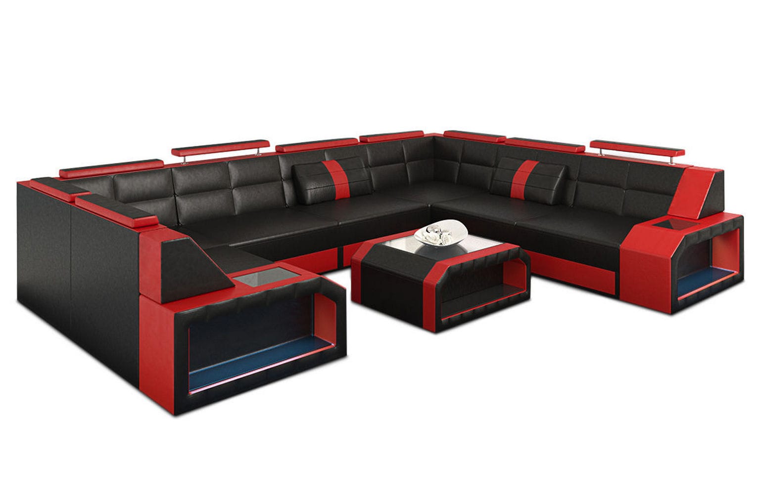 Wohnlandschaft Pesaro U-Form aus Leder schwarz-rot