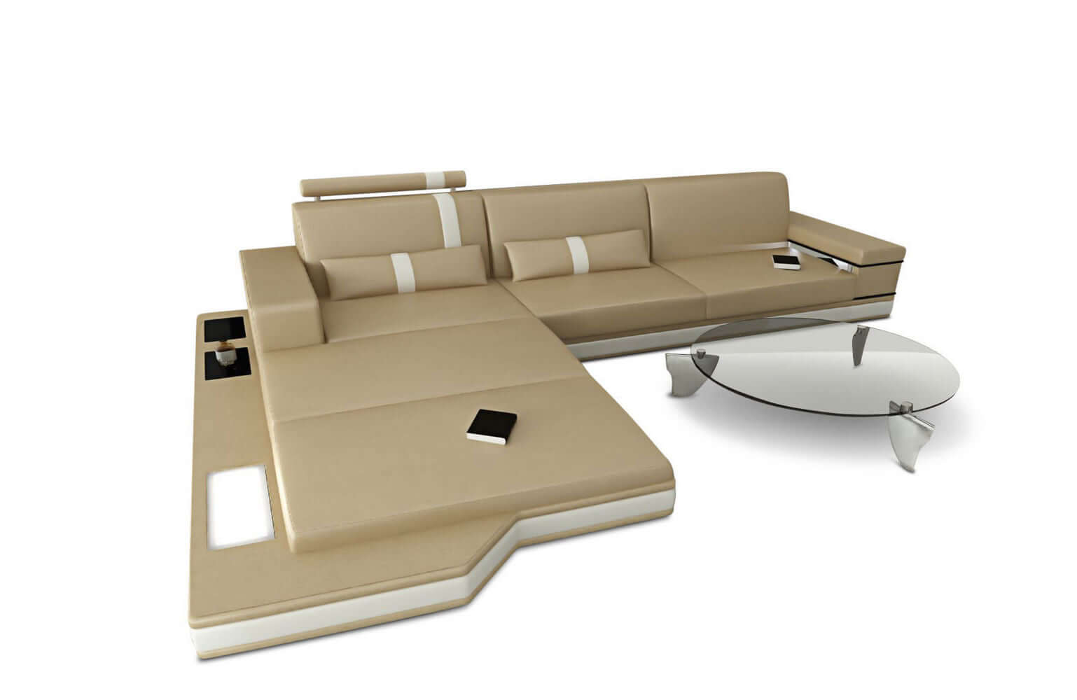 Mini Ecksofa Messana L-Form aus Leder Sandbeige-Weiß