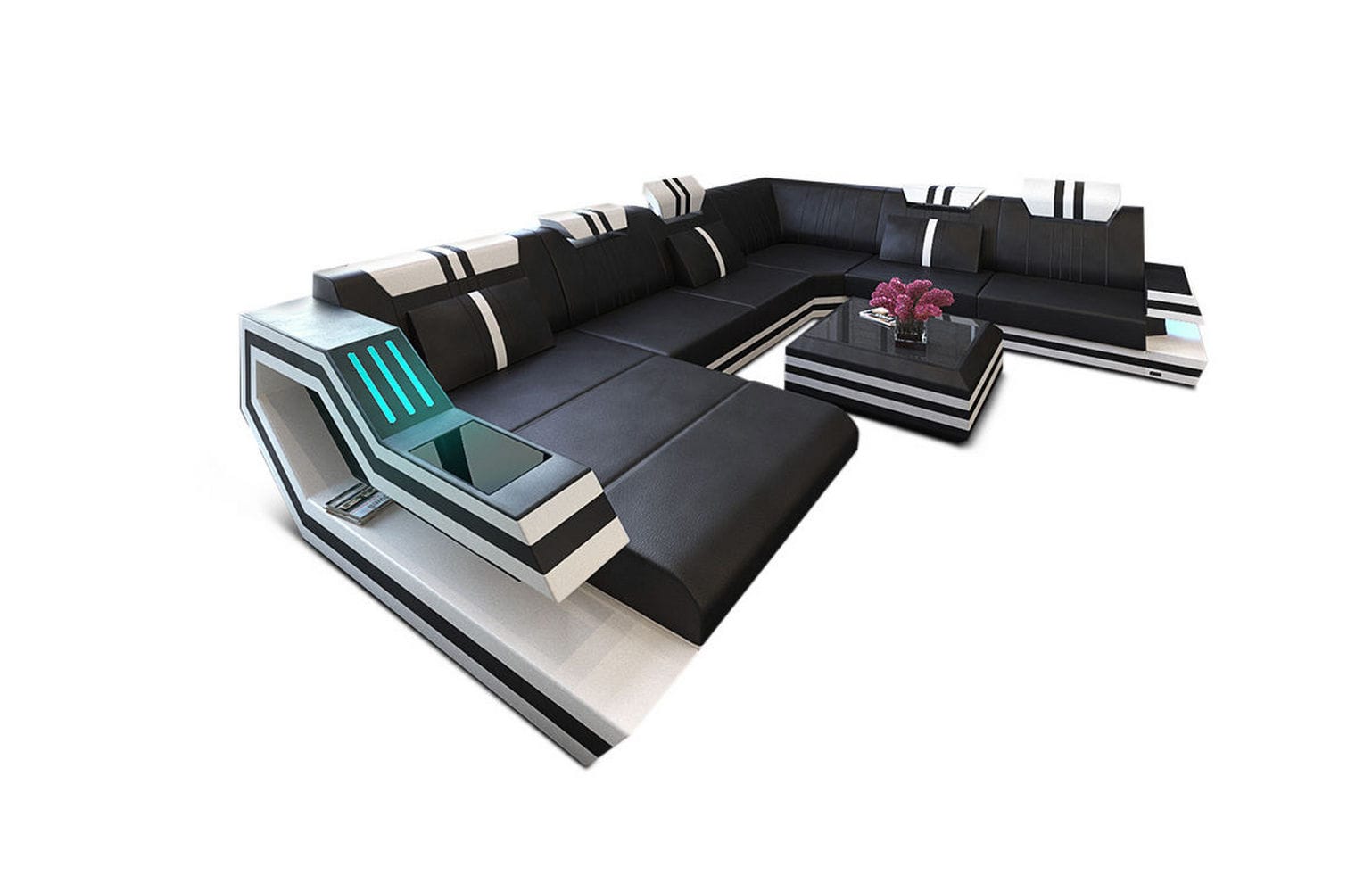 Ledersofa Wohnlandschaft Ravenna XL mit LED schwarz-weiß