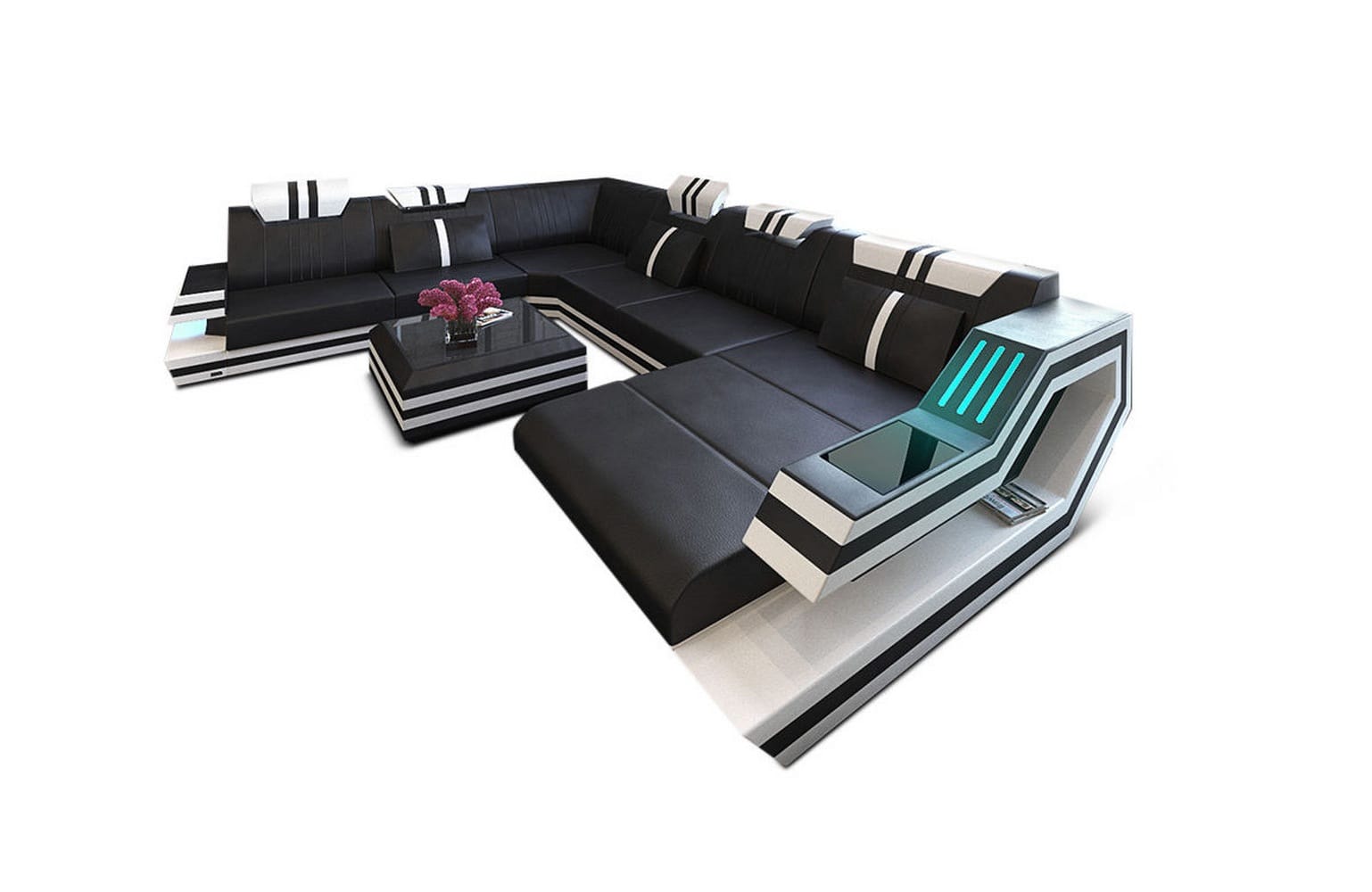 Ledersofa Wohnlandschaft Ravenna XL mit LED schwarz-weiß