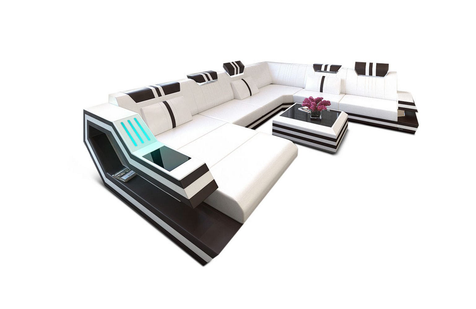 Ledersofa Wohnlandschaft Ravenna XL mit LED weiß-dunkelbraun