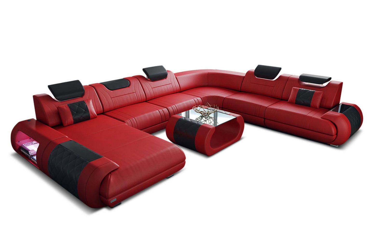 XXL Wohnlandschaft Rimini – Leder, Modern & Bequem rot-schwarz