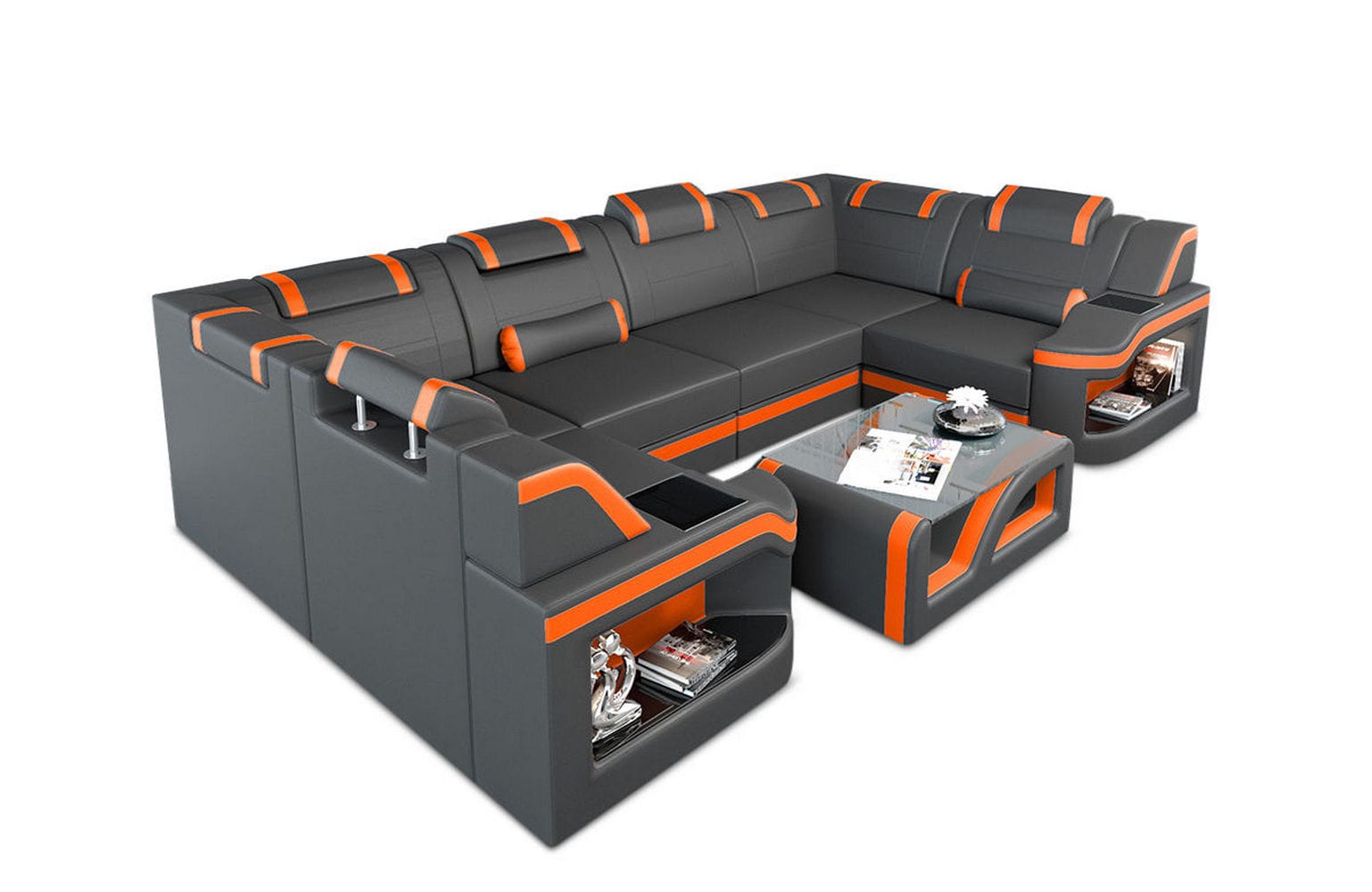 Leder Wohnlandschaft Padua U – Elegantes Sofa grau-orange