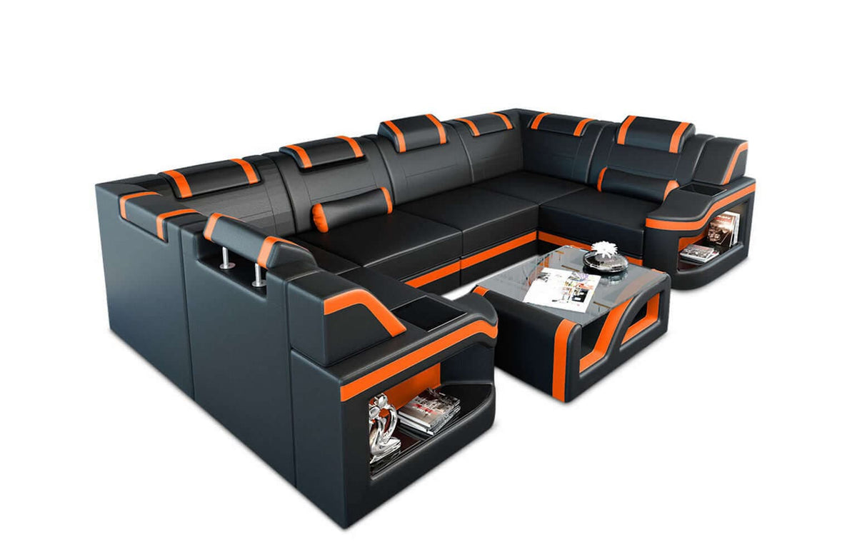 Mini Wohnlandschaft Padua U-Form in Leder Schwarz-Orange