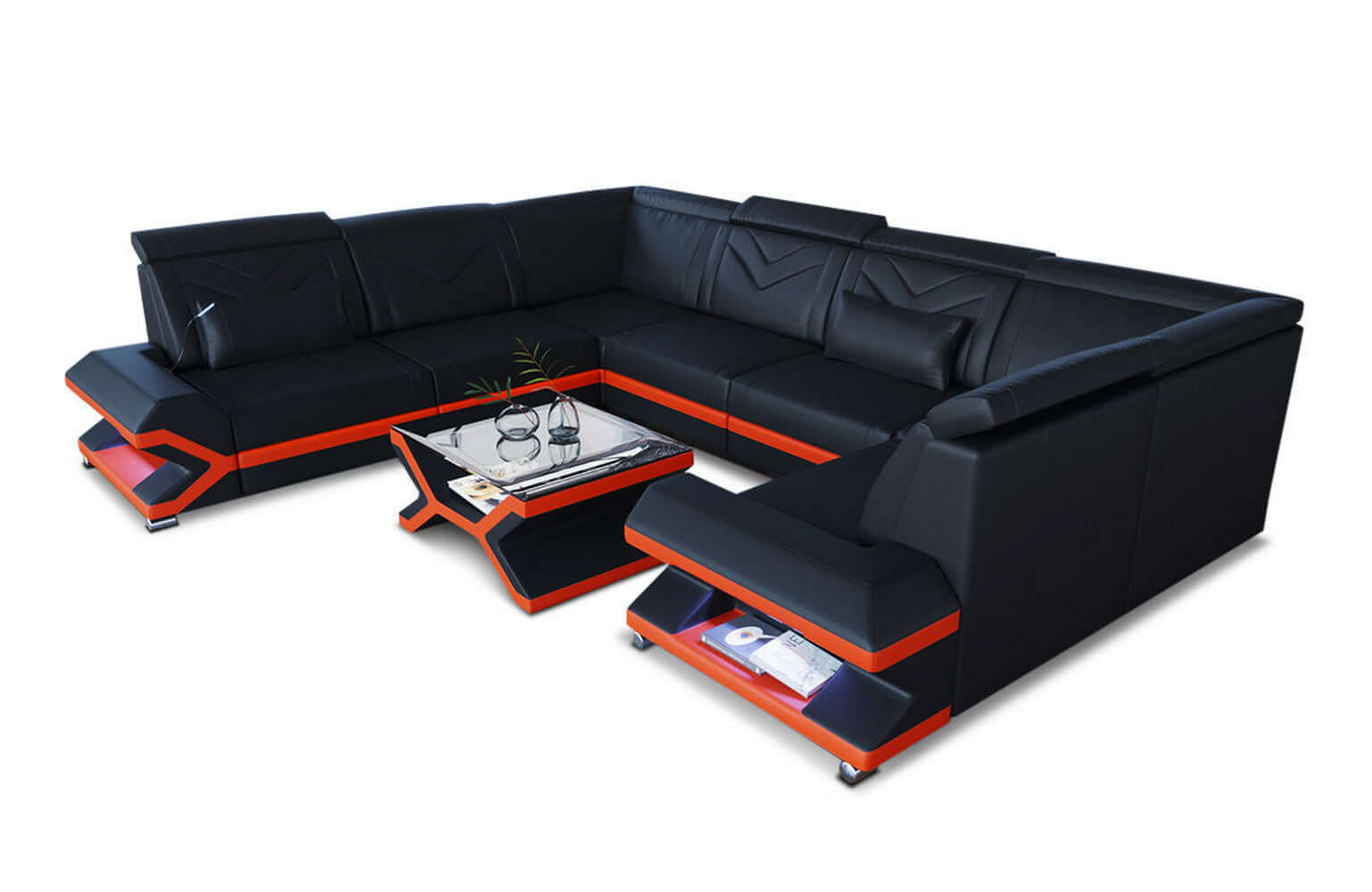 Mini Leder Wohnlandschaft Sorrento – Modern und Stilvoll Schwarz-Orange