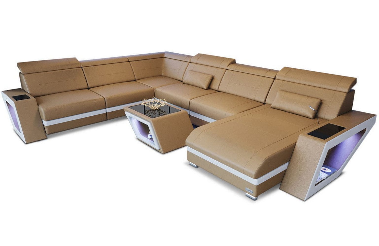 XXL Wohnlandschaft Catania – Leder & Komfort sandbeige-weiß