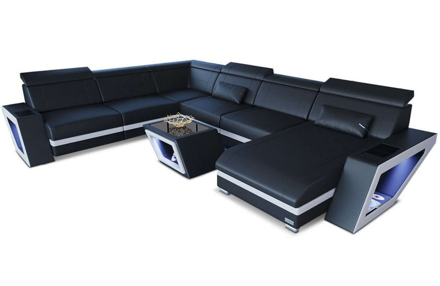Mini XXL Wohnlandschaft Catania U-Form in Leder Schwarz-Weiß